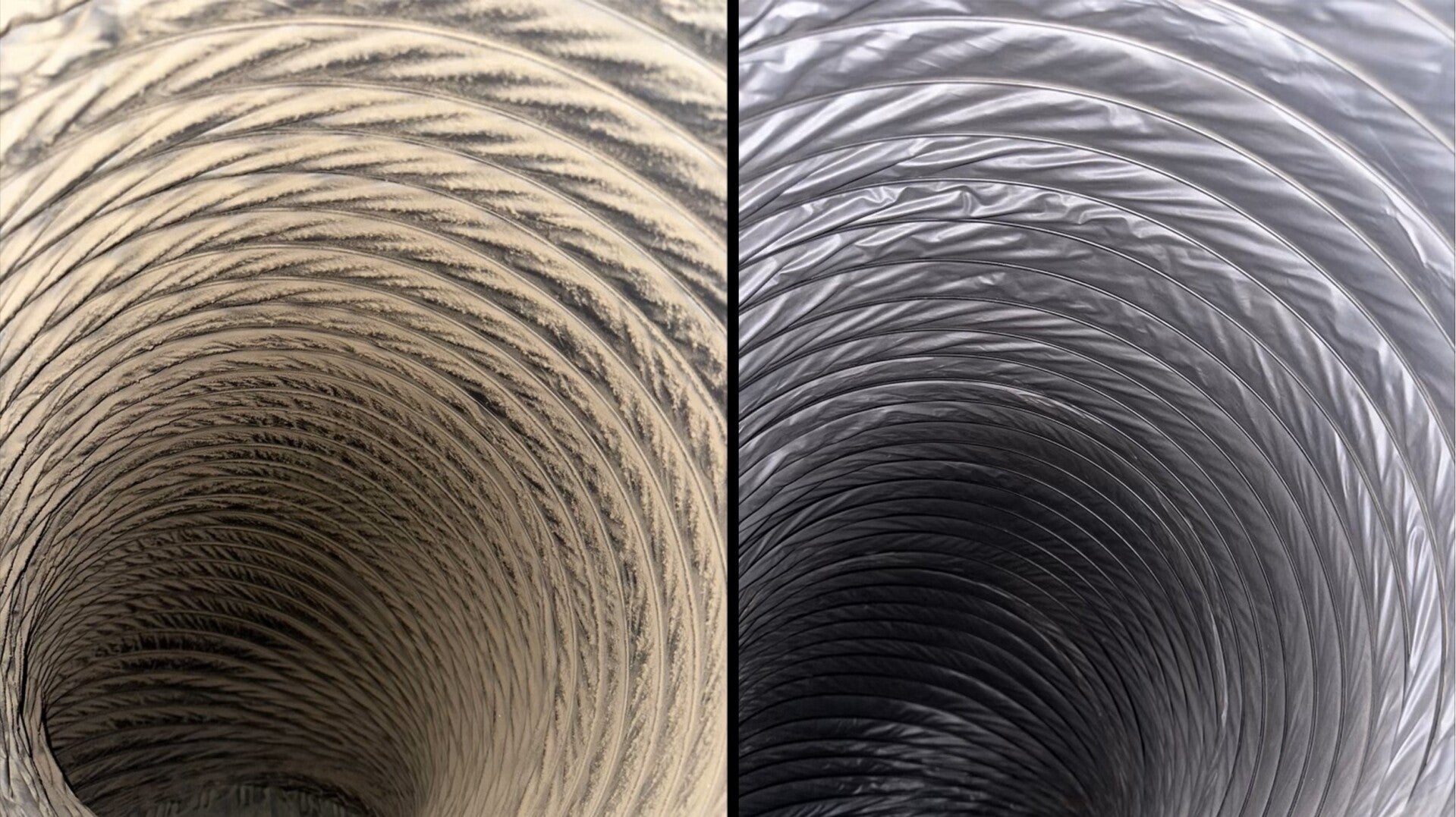 The inside of a duct, thick with dust on the left and bare spiral metal on the right