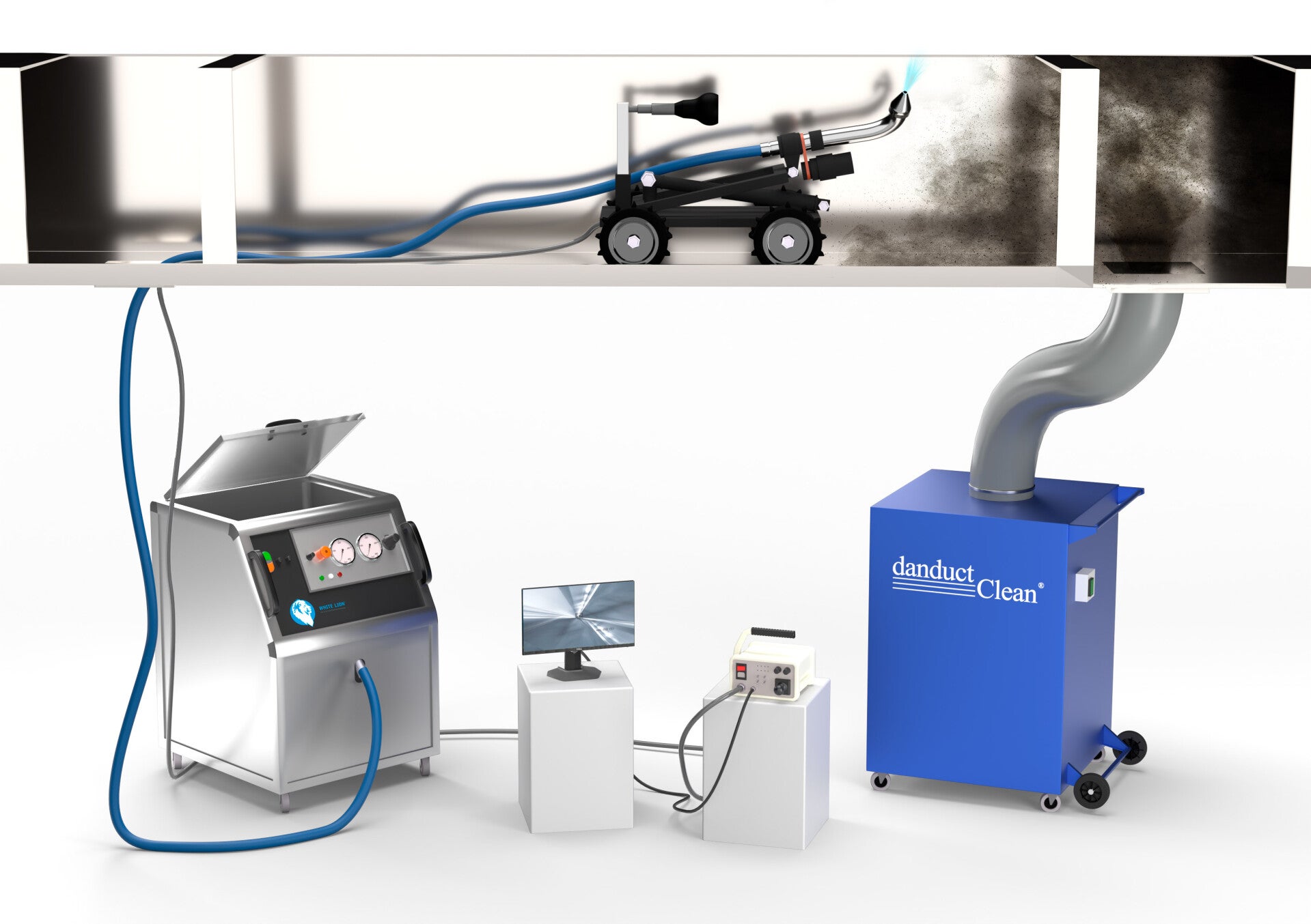 Dry ice robot connected to blasting and extraction equipment for kitchen ducts