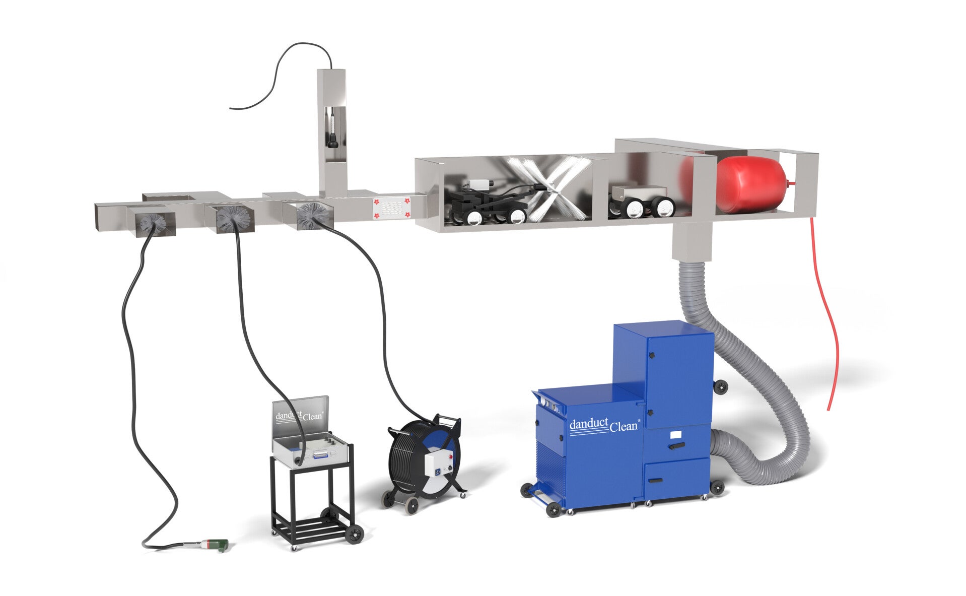 Connected brush cleaning, inspection and extraction equipment for ventilation ducts